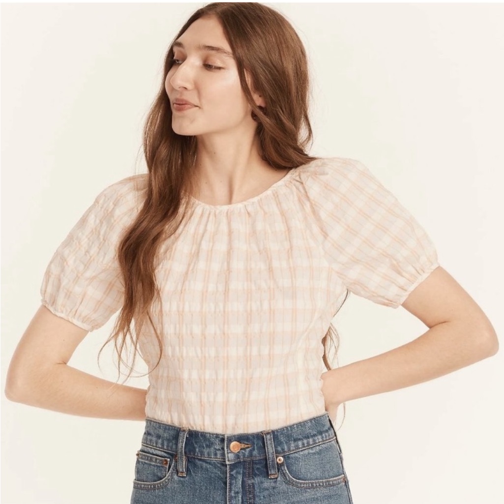 J.Crew V-Back Puff-Sleeve Top In Textured Plaid